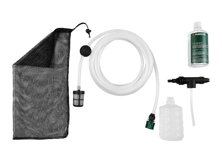 Parkside Reinigungsset mit Schlauch, Filter, Reinigungsmittelflasche und leerem Behälter