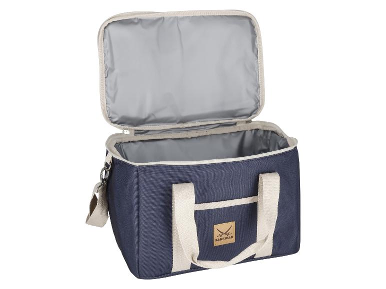 Offene marineblaue Kühltasche mit silbernem Innenfutter und beigen Stoffgriffen.