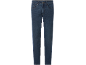 Dunkelblaue Jeans mit hellbraunen Nähten und Metallknöpfen.