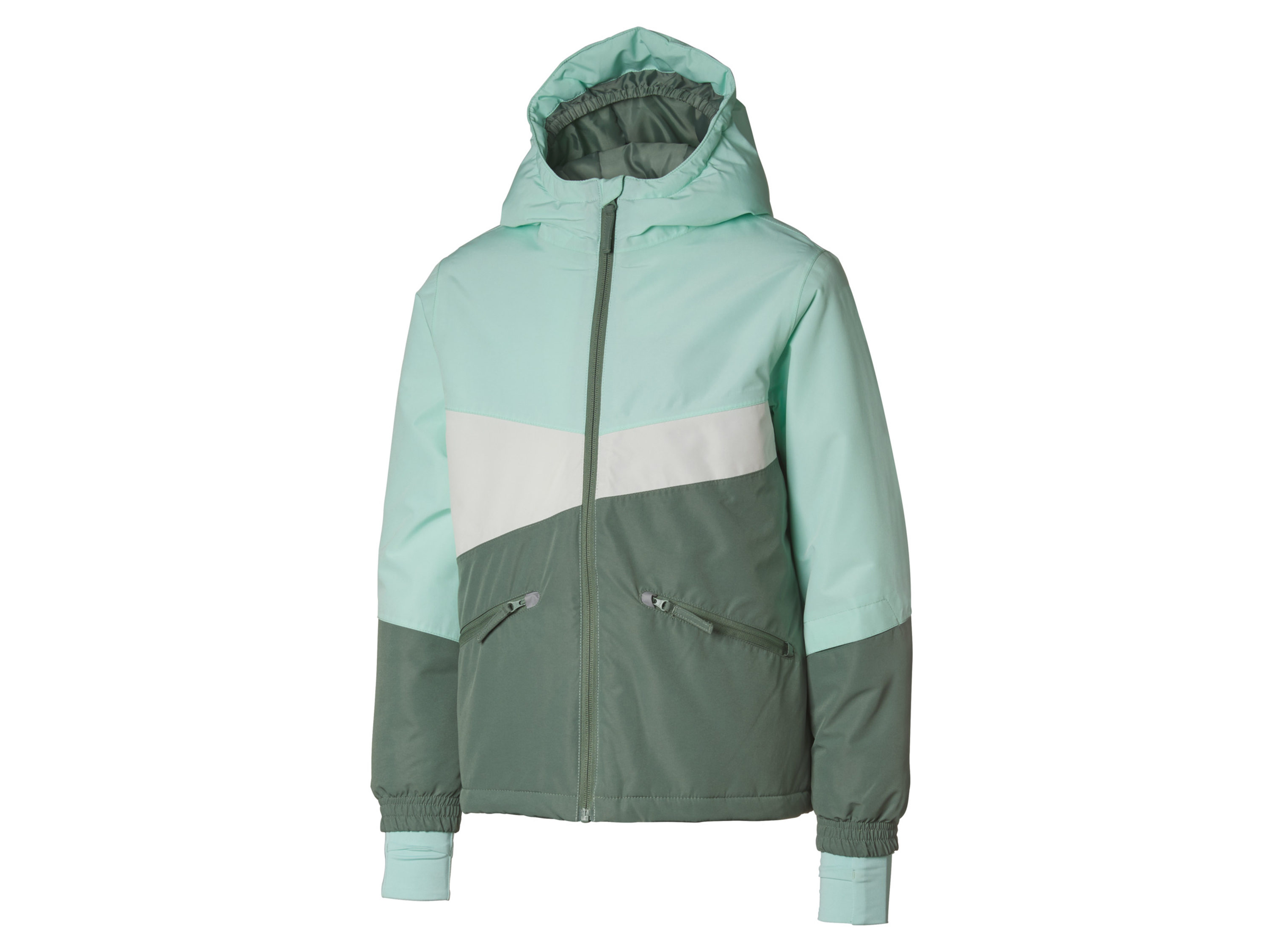 CRIVIT Kinder Skijacke (olive/mint/weiß, 134/140)““ | Wassersäule des Obermaterials: 3.000 mm Reflektierende Deko-Elemente Durchgehender Reißverschluss mit Kinnschutz Skipasstasche am Ärmel Kapuze mit Gummizug und Schirm Ärmelabschluss mit Daumenloch Seitliche Reißverschlusstaschen und praktische Innentasche Verlängerte Rückenpartie Mit Schneefang Mit hochwertigem, recyceltem YKK-Markenreißverschluss Produktmerkmale tabletd Farbe: lila, Muster/rosa, olive/mint/weiß Muster: Muster/rosa: geometrisch Detail: Kapuze mit Gummizug und Schirm