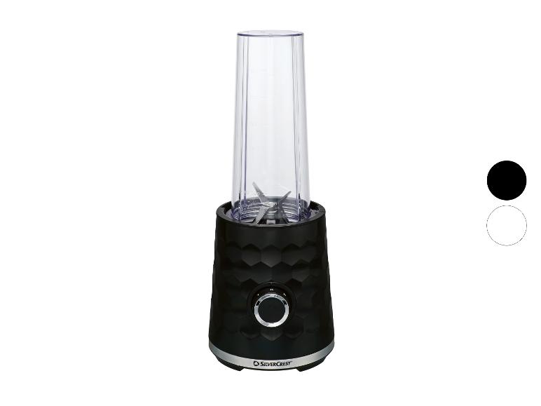 Schwarzer Personalmixer mit texturierter Wabenbasis und transparentem Becher.