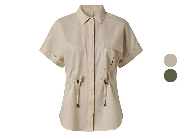 Beige Leinenhemd, kurze Ärmel, lässiger Stil.