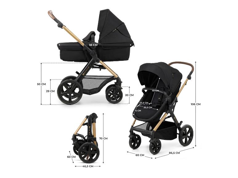 Schwarzer Kinderwagen mit Babywanne und Sitz, zeigt Maße und zusammengeklappte Ansicht.