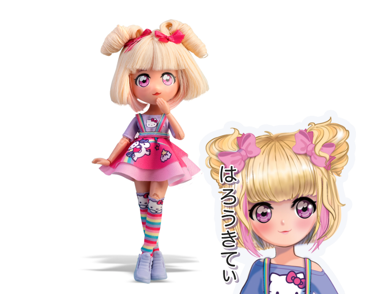 Modepuppe im Anime-Stil mit blonden Dutts, rosa Kleid und passender Charakter-Illustration.
