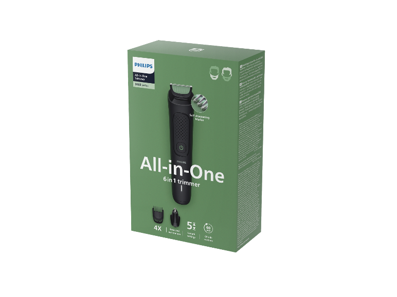 Grüne Box mit einem 6-in-1 Trimmer, inklusive Nasen- und Ohrenschneider, und 5 Längeneinstellungen.