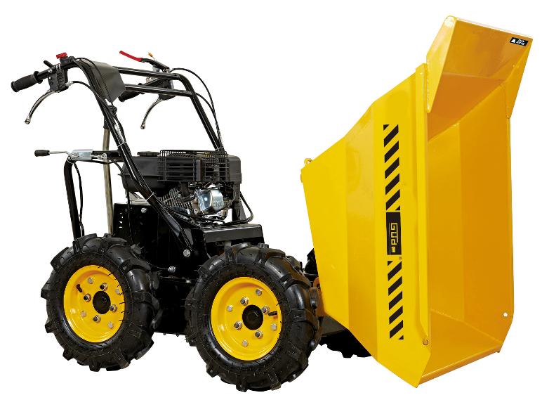 Gelbe motorisierte Schubkarre mit schwarzen Rädern und Motor.