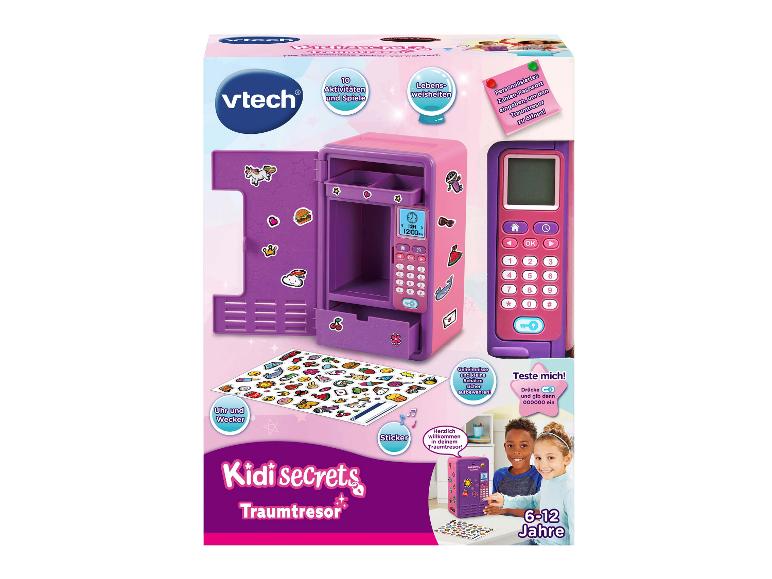 Rosa Kinderspielzeugtresor mit Zifferntastatur, Aufklebern und Uhr-/Weckerfunktionen.