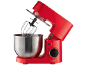 Rote Küchenmaschine mit Edelstahlschüssel und Schneebesen.