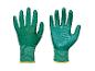 Zwei grüne Gartenhandschuhe mit gerippten Bündchen und gelben Rändern.