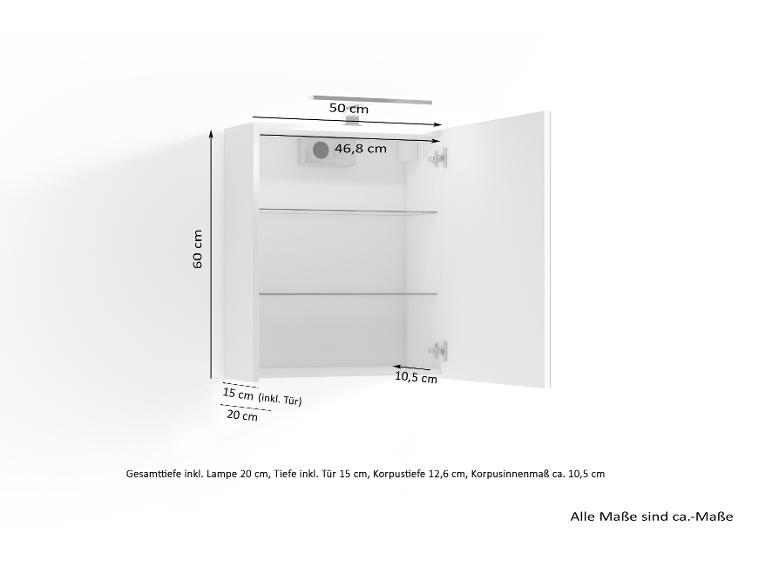 Weißer Badezimmerschrank mit Spiegel und Beleuchtung, Maße 60x50x20 cm.
