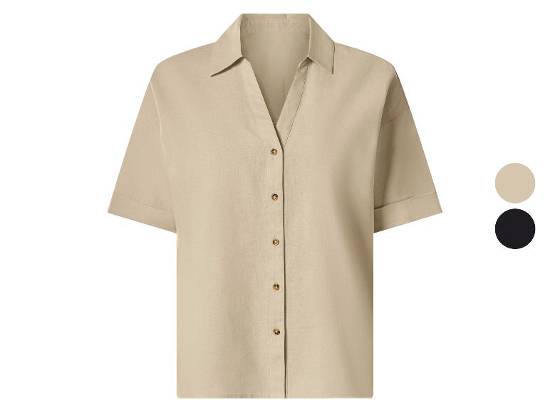 Damen-Kurzarmhemd in Beige mit Knöpfen, auch in Schwarz erhältlich.