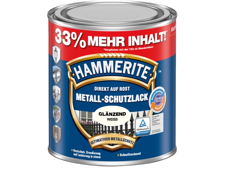 Weißer glänzender Metallschutzlack mit 33% mehr Inhalt, Rostschutz und schnelltrocknend.