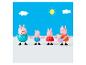 Peppa Wutz Familienfiguren halten Händchen unter blauem Himmel mit Wolken und Sonne.