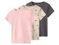 Drei Kurzarm-T-Shirts: rosa, beige mit Herzen und dunkelgrau.