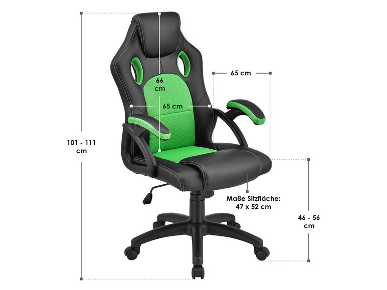 Ein schwarz-grüner Gaming-Stuhl mit Armlehnen und Rollen.