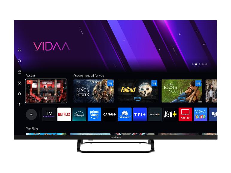 Smart-TV mit Startbildschirm, der Videoinhalte und Anwendungen anzeigt.