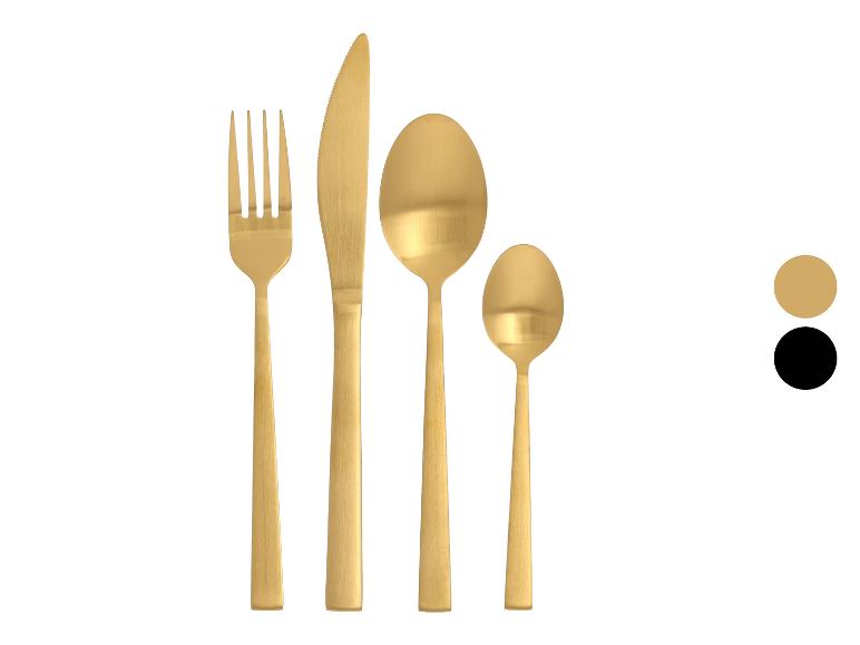 Set aus goldenem Besteck, bestehend aus Gabel, Messer, Esslöffel und Teelöffel.