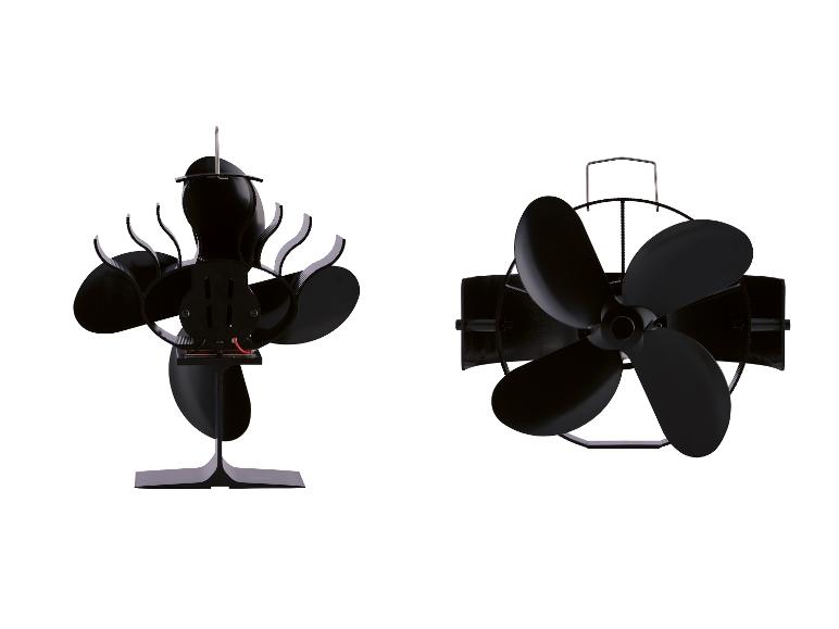 Zwei schwarze, wärmebetriebene Ofenventilatoren mit unterschiedlichen Flügel- und Basisdesigns.