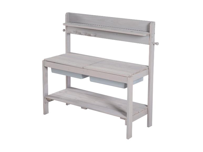 Hellgraue Kinder-Werkbank aus Holz mit zwei Behältern und einem oberen Regal mit Haken.