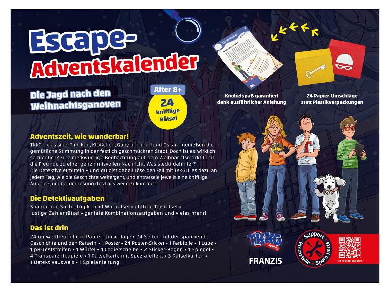TKKG Junior Adventskalender mit 24 Rätseln, einer Detektivgeschichte und Zubehör.