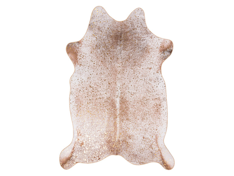 Ein weiß-braunes Kuhfellteppich mit goldenen Akzenten.