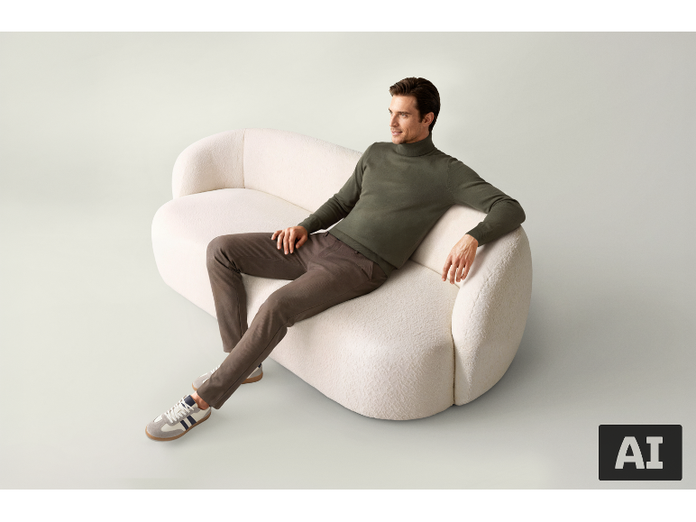 Mann sitzt auf einem weißen Sofa mit grünem Rollkragenpullover und brauner Hose.