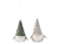 Zwei hängende Weihnachtswichtel, ein grüner und ein grauer, mit weißen Bärten.