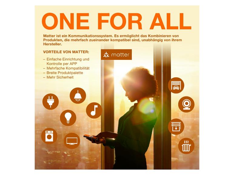 Smart Home: Frau steuert Geräte wie Steckdosen, Lichter, Waschmaschinen und Garagentore per App, mit dem Text „ONE FOR ALL“.