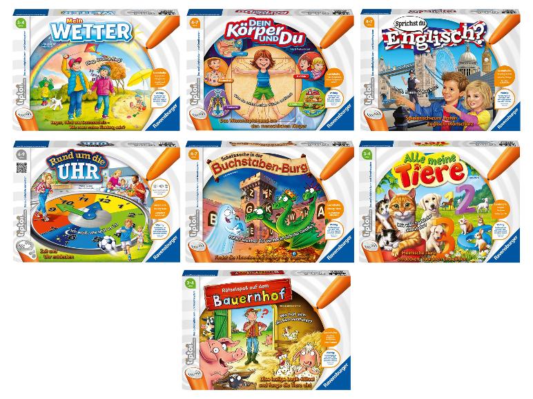 Ravensburger tiptoi Lernspiele über Wetter, Körper, Englisch, Uhrzeit, Buchstaben, Tiere und Bauernhof.