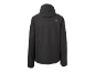 Dunkelgraue Herrenjacke mit Kapuze und orangefarbenem Logo auf dem Rücken.
