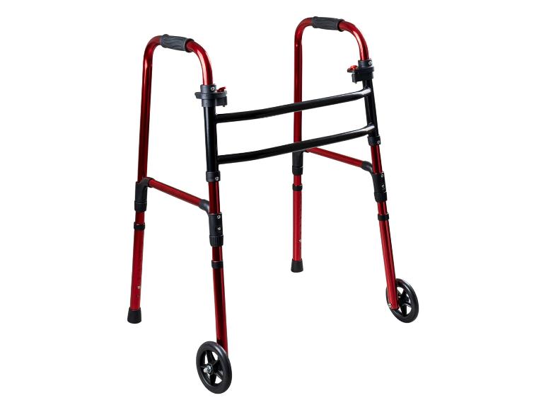 Rot-schwarzer faltbarer Rollator mit Vorderrädern.