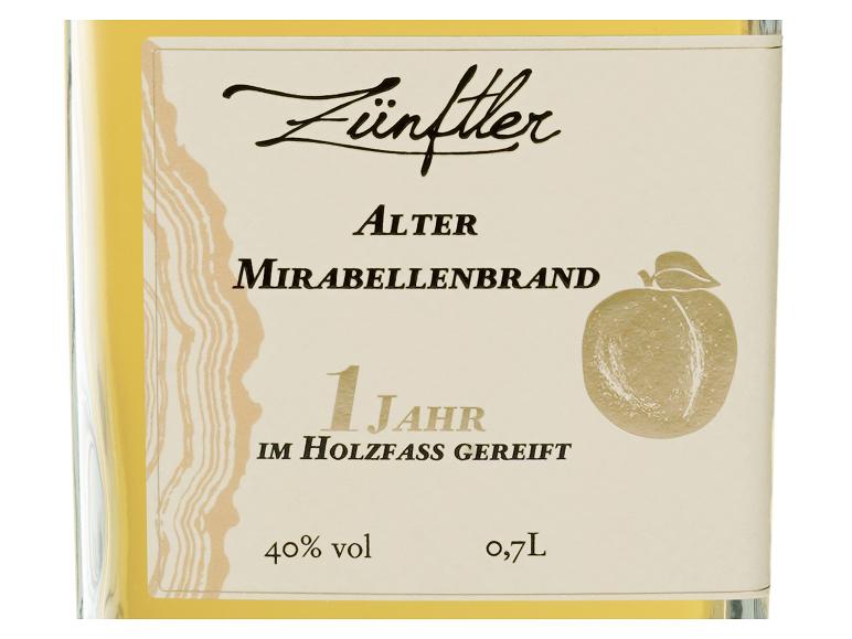 Etikett für Mirabellenbrand, 1 Jahr im Holzfass gereift, 40% vol, 0,7 L.