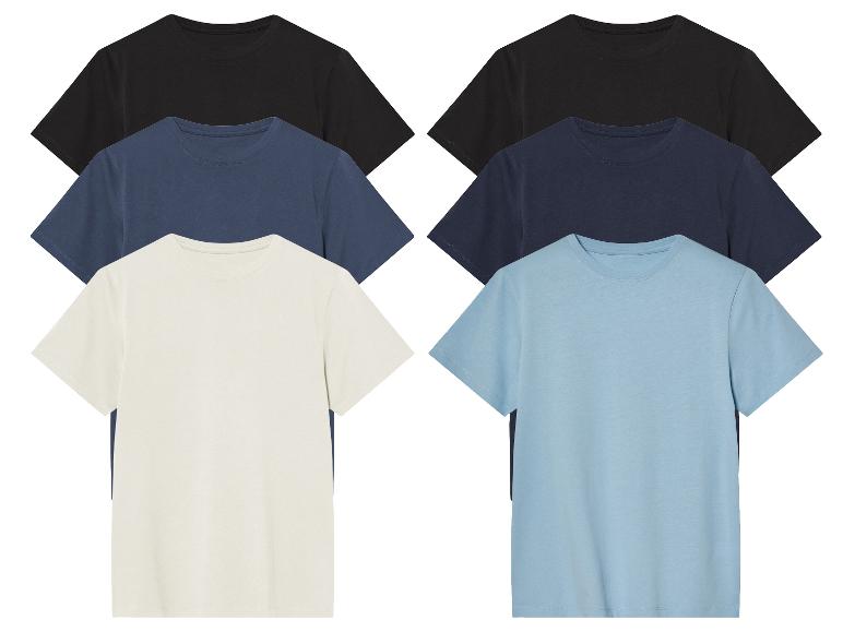 Sechs Kurzarm-T-Shirts mit Rundhalsausschnitt in Schwarz, Dunkelblau, Beige und Hellblau.