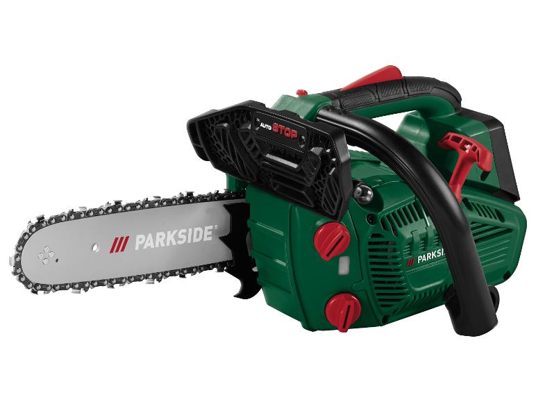 PARKSIDE Elektrokettensäge in Grün und Schwarz mit roten Akzenten, mit „AUTO STOP“-Aufschrift.