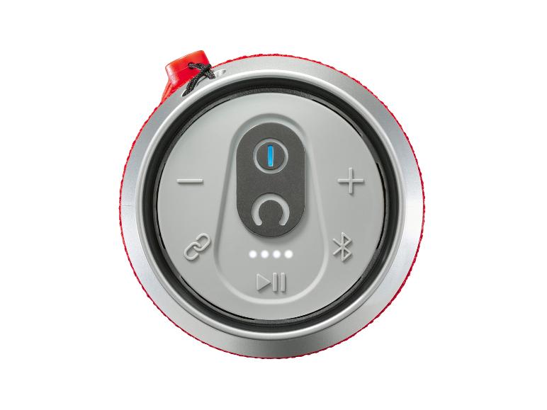 Roter tragbarer Lautsprecher mit oberen Bedienelementen: Ein/Aus, Lautstärke, Bluetooth.