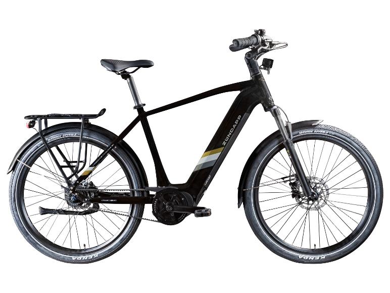 Schwarzes E-Bike mit Gepäckträger und Schutzblechen, akzentuiert mit gelben und grauen Streifen.