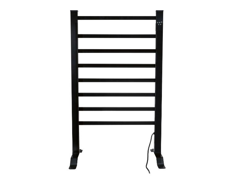 Ein schwarzer, elektrischer Handtuchhalter mit acht horizontalen Stangen und einem Netzkabel.