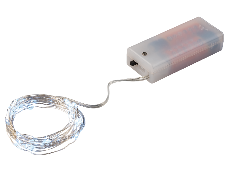 Batteriebetriebene LED-Lichterkette mit weißem Licht und transparenter Batteriefachbox.