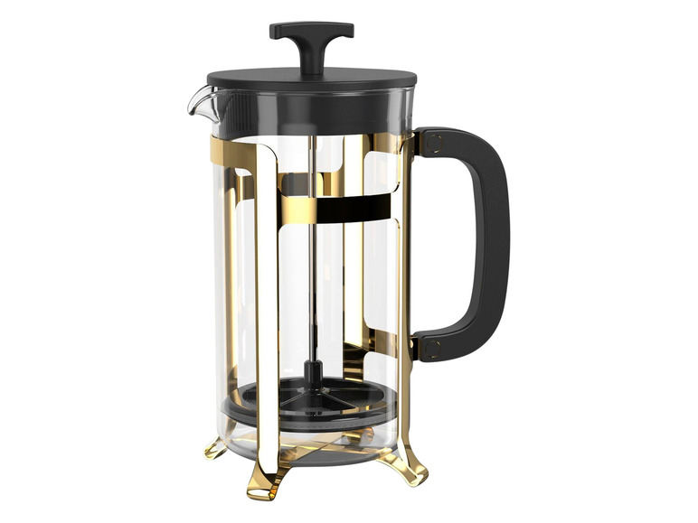 Eine goldene Glas-French-Press mit schwarzem Griff.