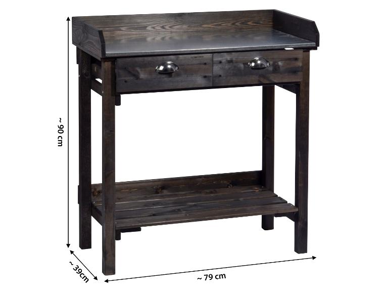 Dunkler Holztisch mit Metallplatte, zwei Schubladen und unterem Regal, Maße 90x79x39 cm.