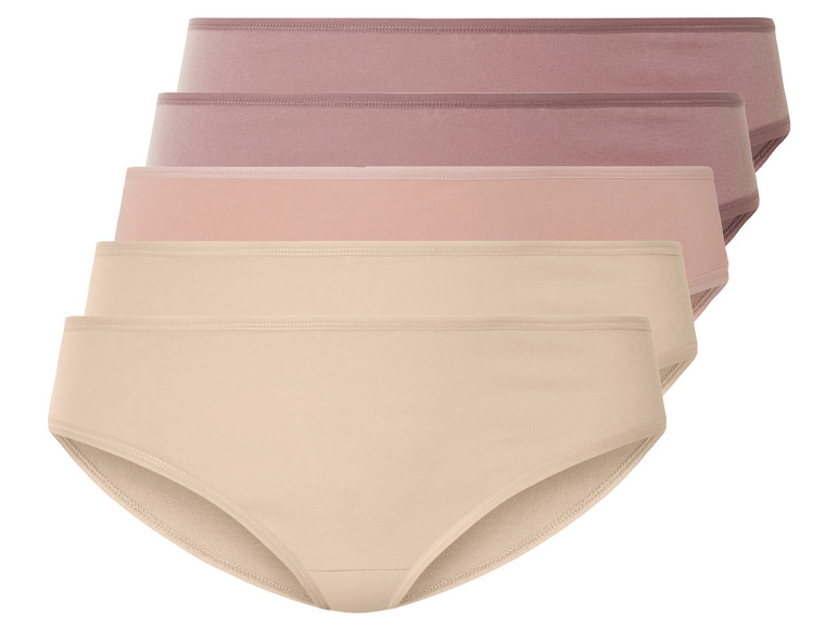 Vier Paar Damen-Unterwäsche in Beige, Rosa und Lila.
