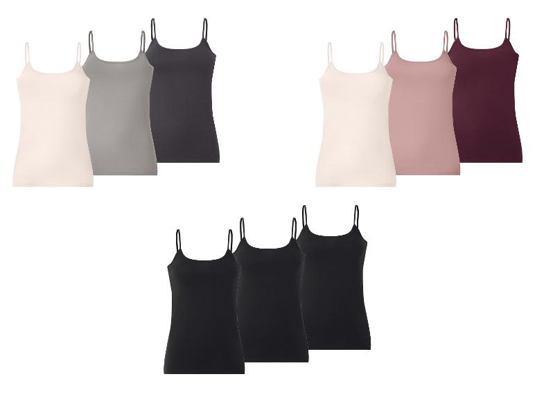 Set aus neun Damen-Spaghettitops in Beige, Grau, Schwarz, Rosa und Burgunderrot.