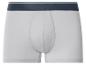 Weiße Herren-Boxershorts mit dunkelblauem Bund und hellen Streifen.