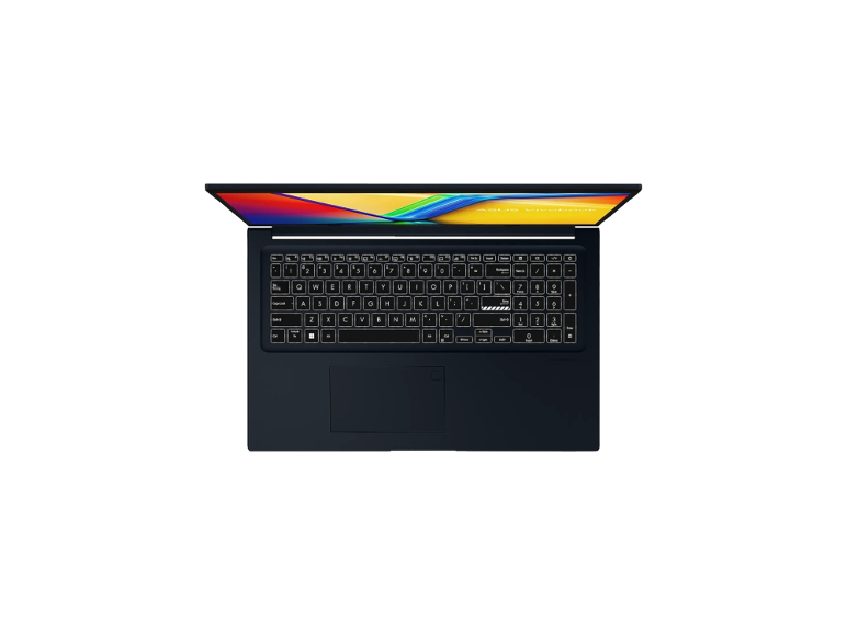 Blaues ASUS Vivobook X1704VA Notebook, Draufsicht auf Tastatur und Bildschirm.