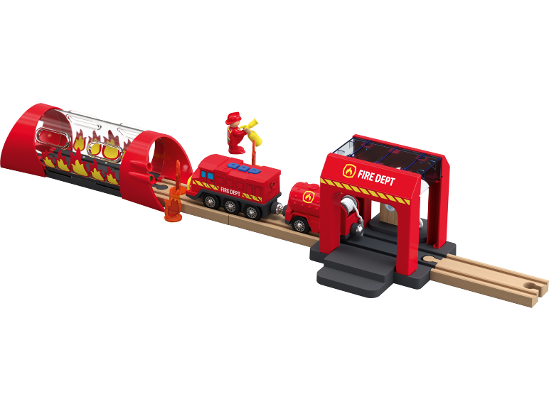 Feuerwehrzug-Set mit brennendem Tunnel, Station und Figuren.