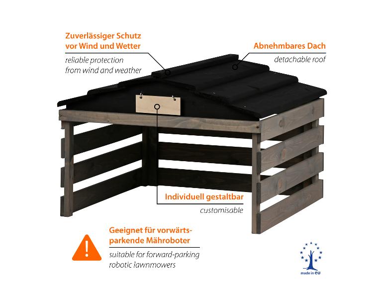Roboter-Rasenmähergarage aus Holz mit abnehmbarem Dach, anpassbar und wetterfest.