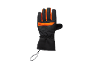 Schwarzer und oranger Skihandschuh mit verstellbarem Handgelenkriemen und Logo.