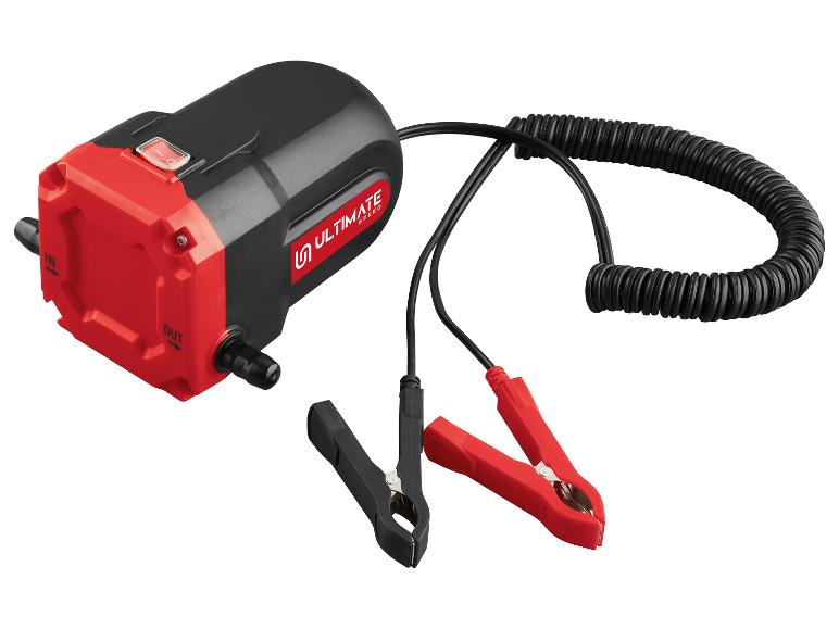Schwarz-rote Ölpumpe mit IN- und OUT-Markierungen, Kabeln und Batterieklemmen.