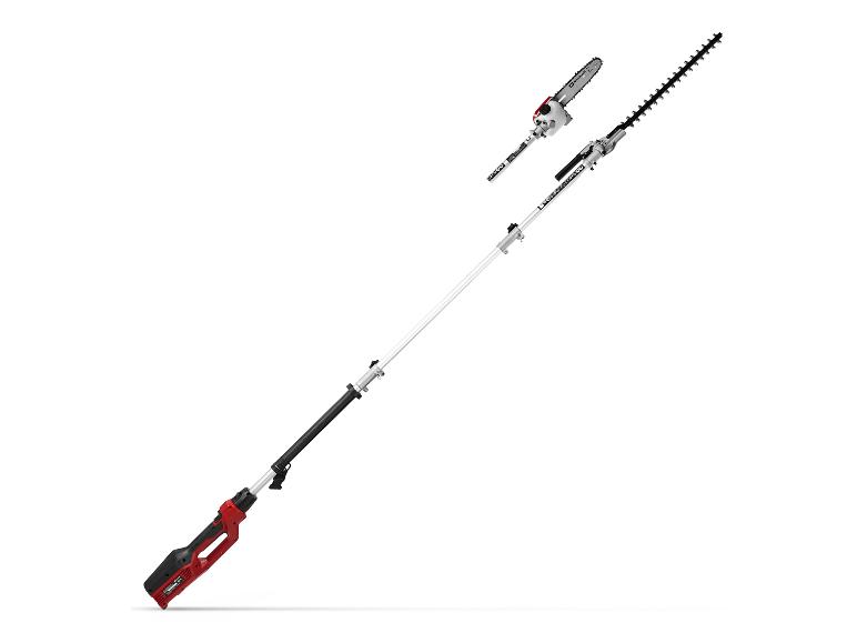 Teleskop-Heckenschere und Hochentaster in Rot und Schwarz, mit austauschbaren Köpfen.