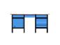 Blaue Werkbank mit Schubladen und Schrank, mit Holzplatte.